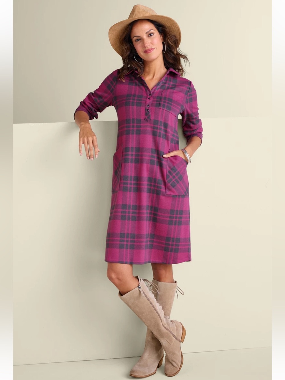Soft Surroundings Paramount Plaid Dress in the colorway Red Violet Plaid Sz PXL